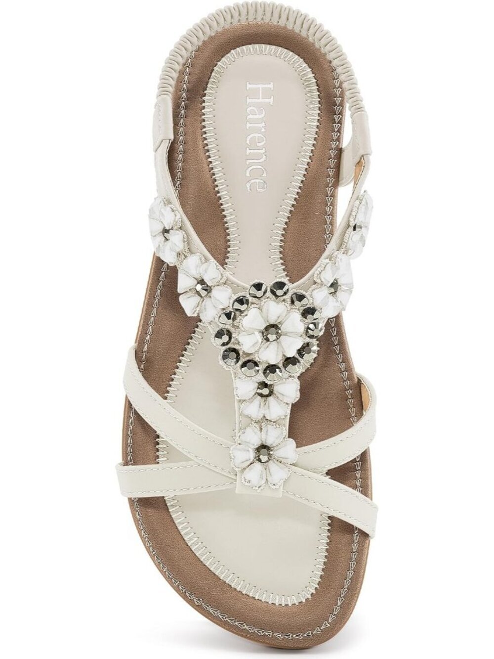 Women's White Summer Floral Flat Sandal Elastic Ankle Strap Casual Dressy Shoes